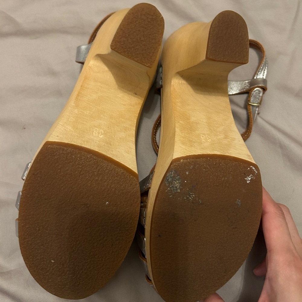 Swedish Hasbeens silver leather wooden clog sandals Size 7.5 - Picture 7 of 11